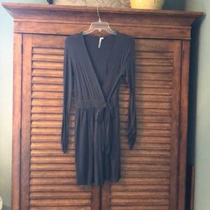 Blue grey, jersey knit, wrap dress.